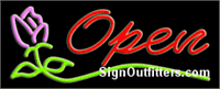 Open in Script Font with Rose Graphic Neon Sign - Regular Design