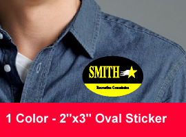 Lapel Sticker Special - 2 inch by 3 inch Oval - 1 Color