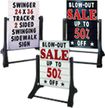 Swinger Sidewalk Signs with custom graphics, changeable messages, or markers.