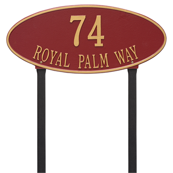 Madison Oval Estate Address Plaque Lawn Sign - Two Line - Red / Gold