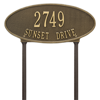 Madison Oval Standard Address Plaque Lawn Sign - Two Line - Antique Brass