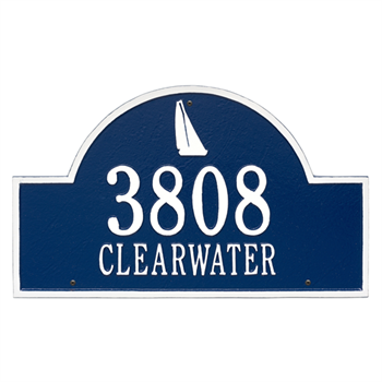 Sailboat Arch Estate Address Plaque - Two Line - Blue / White